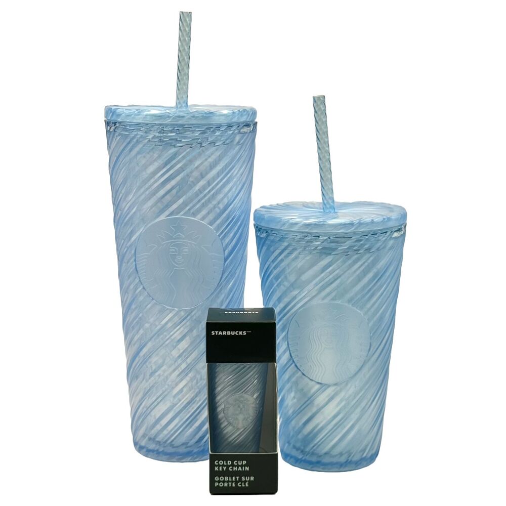 Starbucks Blue Swirl 24 oz and 16 oz Tumblers & Keychain Set